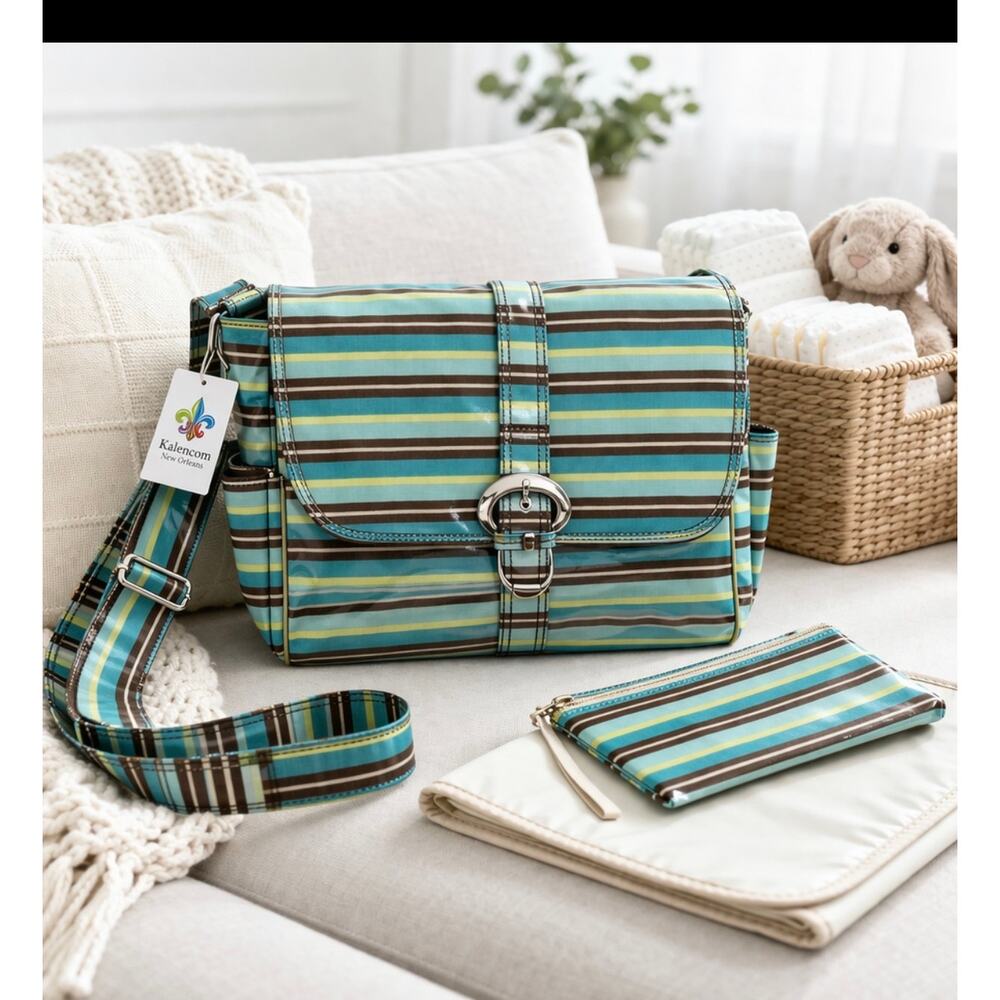 Kalencom Diaper Bag Messenger Turquoise Stripe Laminated Crossbody Set NWT